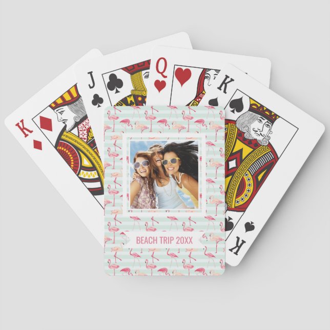 Add Your Name | Retro Flamingos On Mint Stripes Playing Cards (Back)