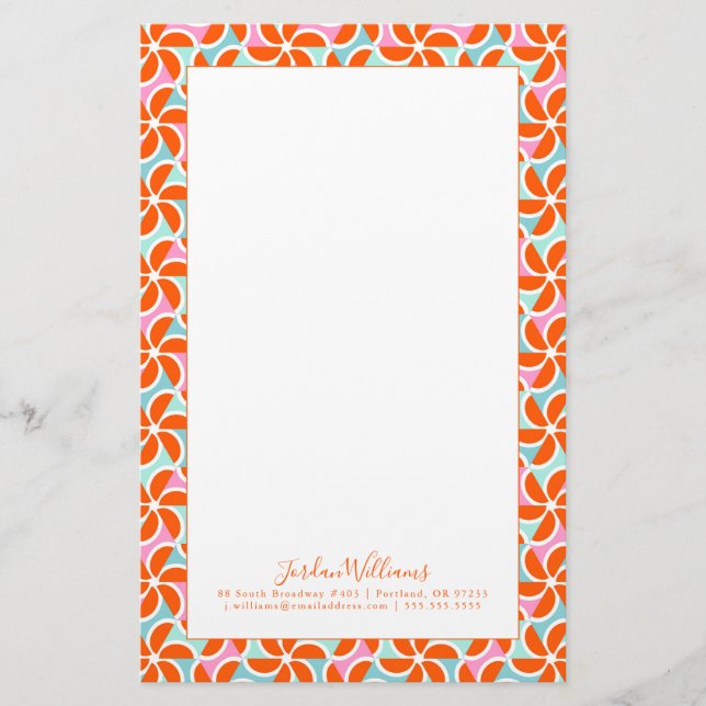 Add Your Name | Retro Orange Wedge Pattern Stationery (Front)