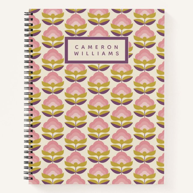 Add Your Name | Retro Pink & Purple Floral Pattern Notebook (Front)