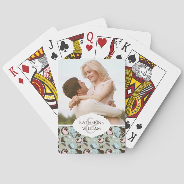 Add Your Name | Retro Seashell Pattern Playing Cards (Back)