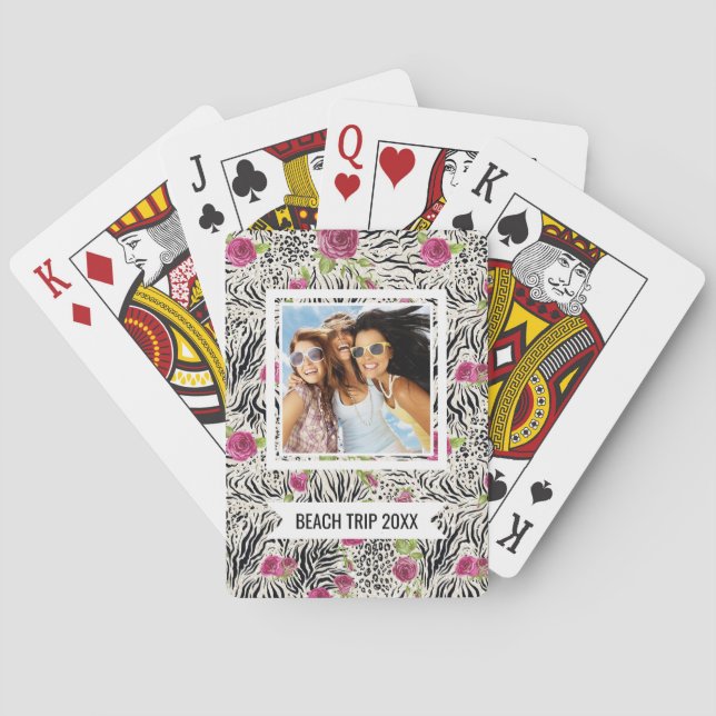 Add Your Name | Roses On Animal Pattern Playing Cards (Back)