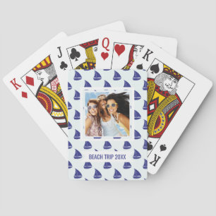 Add Your Name Royal Blue Sailboat Pattern Playing Cards