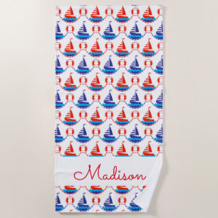 Add Your Name Sail Boat Pattern Beach Towel