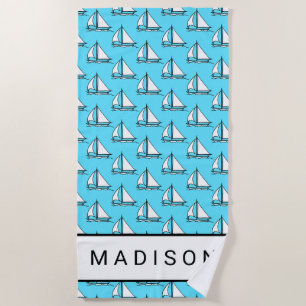 Add Your Name   Sailboats On Blue Sea Pattern Beach Towel