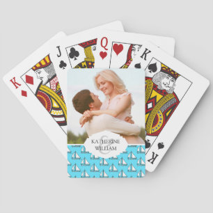 Add Your Name   Sailboats On Blue Sea Pattern Playing Cards