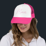 Add Your Name Script Elegant Pink Girls Modern Trucker Hat<br><div class="desc">Personalised Initial Letter Name For Him For Her Template Elegant Trendy Pink And White Trucker Hat.</div>