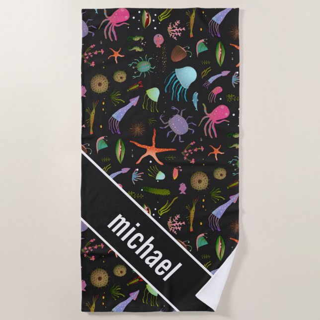 Add Your Name | Sea Critters Pattern Beach Towel (Front)