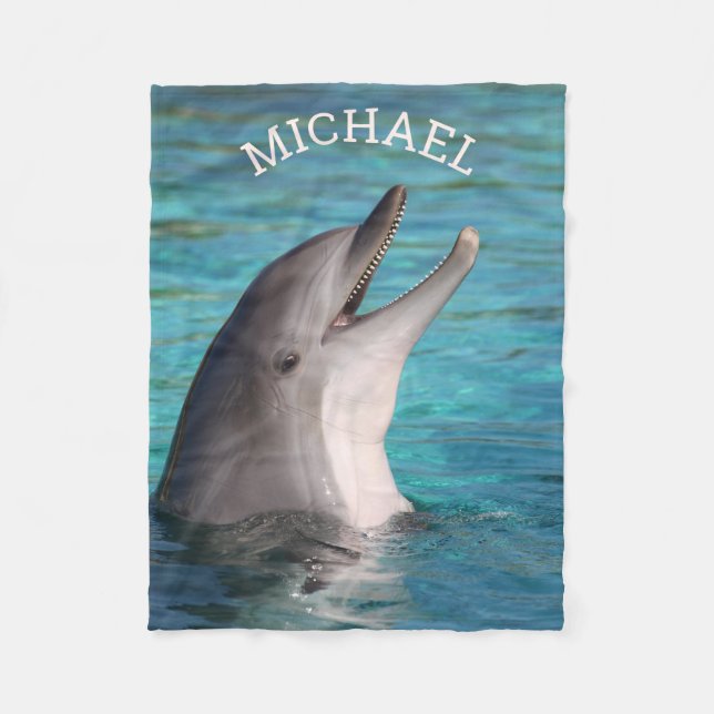 Add Your Name Smiling Dolphin Photo Fleece Blanket (Front)