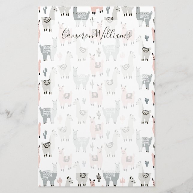 Add Your Name | Smiling Llamas Pattern Stationery (Front)