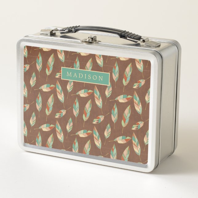 Add Your Name | Southwest Feather Pattern Metal Lunch Box (Front)