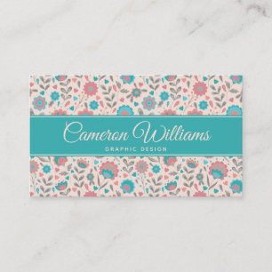 Add Your Name Teal & Coral Folk Art Floral Business Card