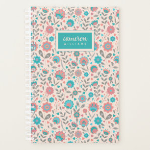 Add Your Name Teal & Coral Folk Art Floral Planner