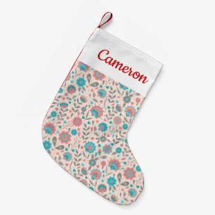 Add Your Name   Teal & Coral Folk Art Floral Small Christmas Stocking