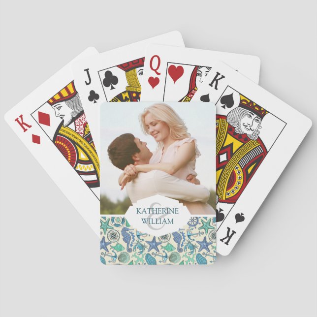 Add Your Name | Teal Sea Animals Pattern Playing Cards (Back)