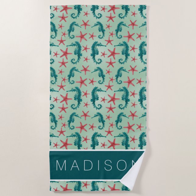 Add Your Name | Teal Seahorse Pattern Beach Towel (Front)