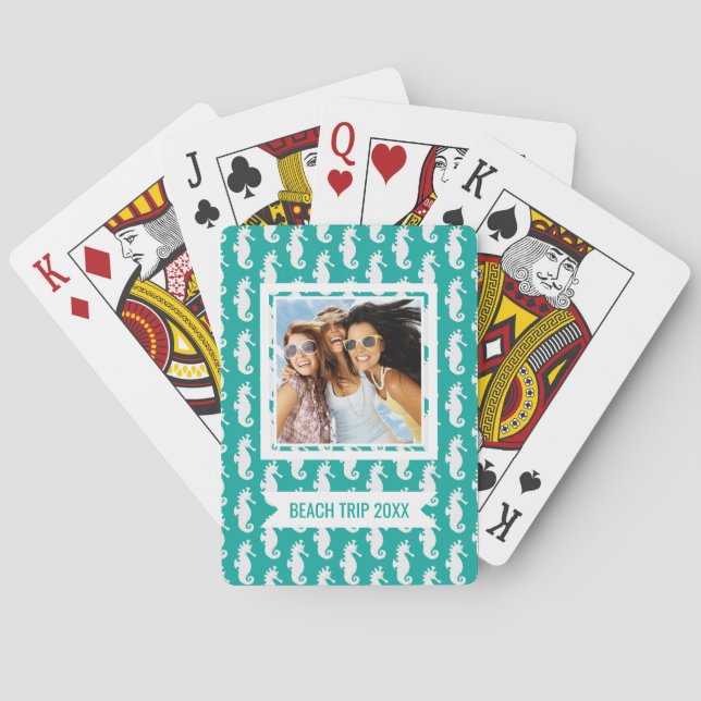 Add Your Name | Teal Seahorse Pattern Playing Cards (Back)