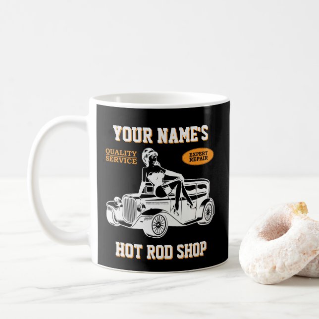 Add Your Name Text Hot Rod Shop Garage with Lady  Coffee Mug (With Donut)