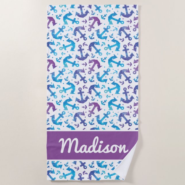 Add Your Name | Tie Dye Anchor Pattern Beach Towel (Front)