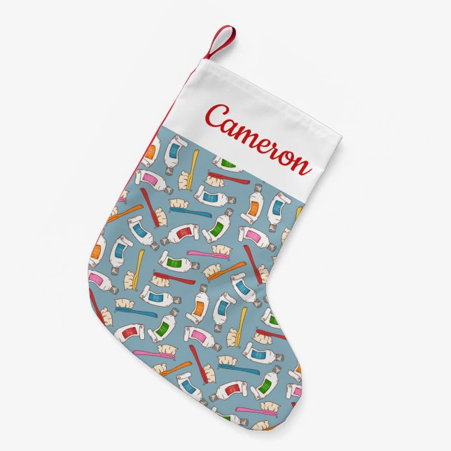 Add Your Name | Toothbrush & Toothpaste Pattern Small Christmas Stocking (Front (Hanging))