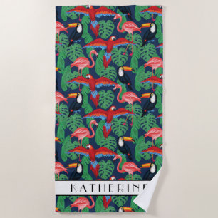 Add Your Name Tropical Birds In Bright Colours Beach Towel