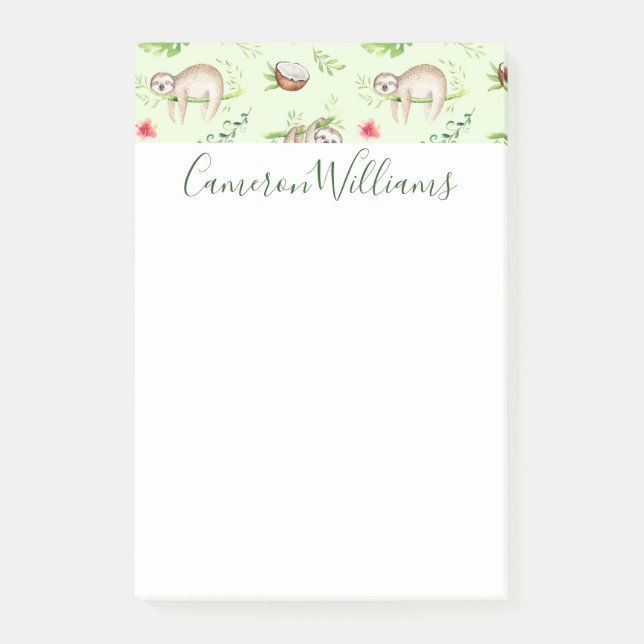 Add Your Name | Tropical Coconut Sloth Pattern Post-it Notes (Front)