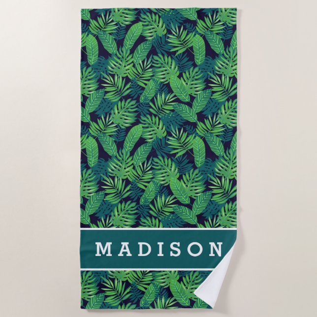 Add Your Name | Tropical Leaves Pattern Beach Towel (Front)