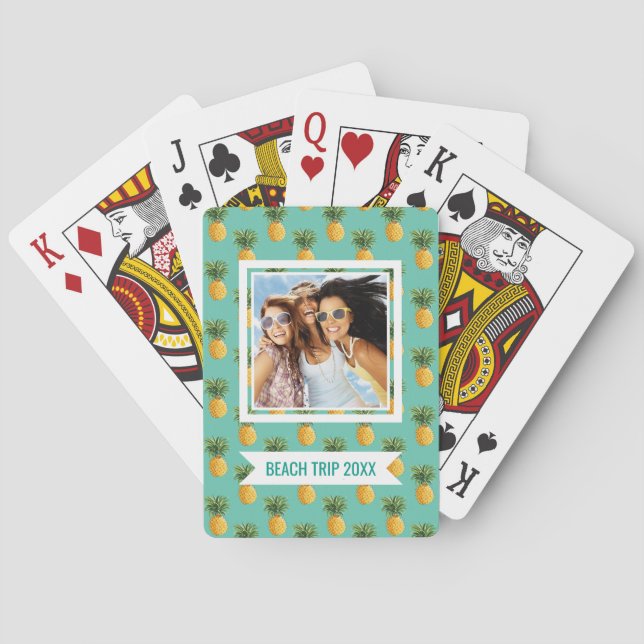 Add Your Name | Tropical Pineapples On Teal Playing Cards (Back)