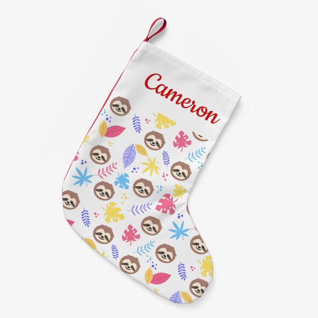 Add Your Name | Tropical Sloth & Leaves Pattern Small Christmas Stocking (Front (Hanging))