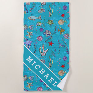 Add Your Name   Turquoise Fish Pattern Beach Towel