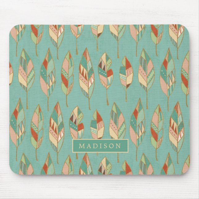 Add Your Name | Watercolor Feather Pattern Mouse Pad (Front)