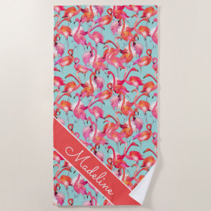 Add Your Name   Watercolor Flamingos Gathered Beach Towel