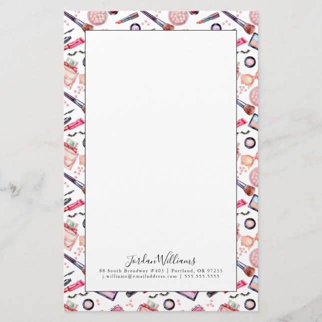 Add Your Name | Watercolor Makeup Pattern Stationery (Front)