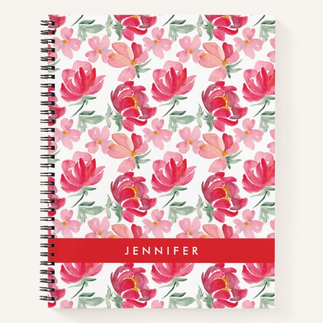 Add Your Name | Watercolor Peony Pattern Notebook (Front)