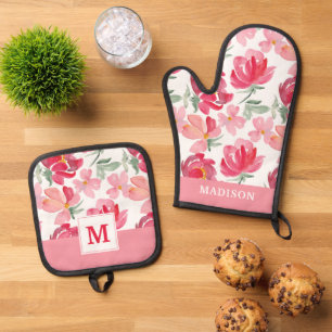 Add Your Name   Watercolor Peony Pattern Oven Mitt & Pot Holder Set