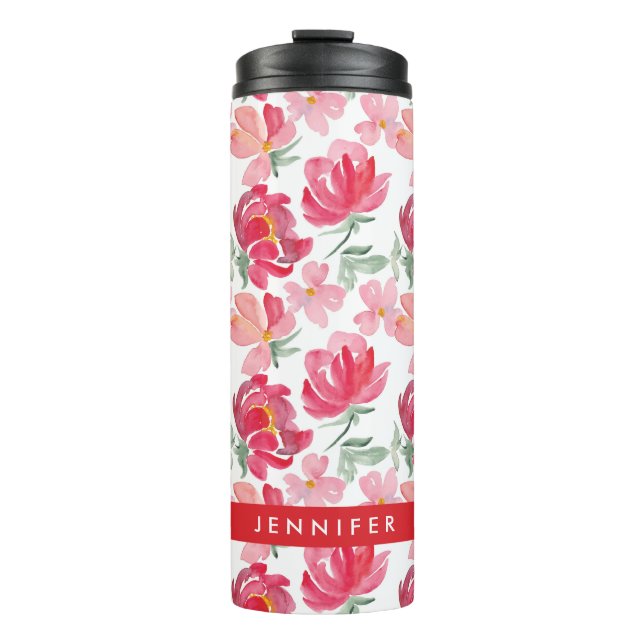Add Your Name | Watercolor Peony Pattern Thermal Tumbler (Front)