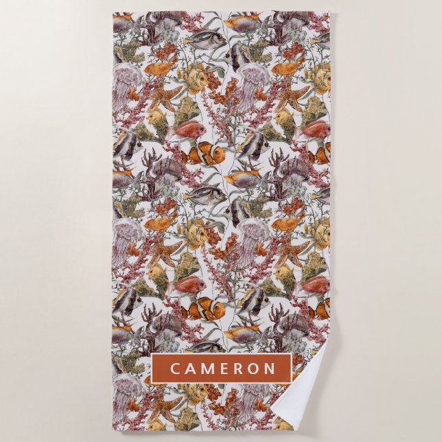 Add Your Name | Watercolor Sea Life Pattern Beach Towel (Front)