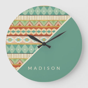 Add Your Name   Watercolor Tribal Pattern Large Clock