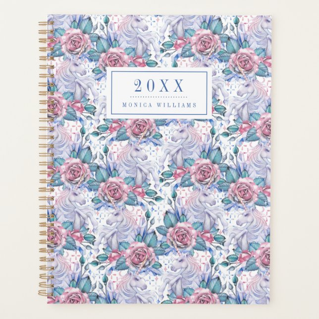 Add Your Name/Year | Pink & Blue Rose Pattern Planner (Front)