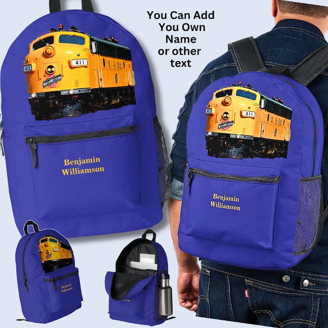 Add Your Name - Yellow Diesel Locomotive on Blue Printed Backpack (Creator Uploaded)