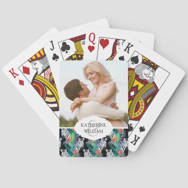 Add Your Name | Zebra And Exotic Flowers Playing Cards (Back)