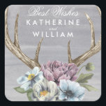 Add Your Names | Floral Deer Antlers Square Sticker<br><div class="desc">Floral Deer Antlers. Artist: Grace Popp. Image ID: 151088GG.</div>