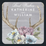 Add Your Names | Floral Deer Antlers Square Sticker<br><div class="desc">Floral Deer Antlers. Artist: Grace Popp. Image ID: 151088GG.</div>