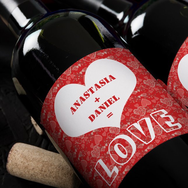 Add your names on red grey and white heart pattern wine label (Creator Uploaded)