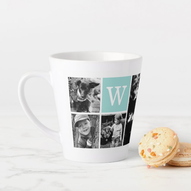 Add Your Own 4 Photo Gallery and Mint Monogram Latte Mug (In Situ)