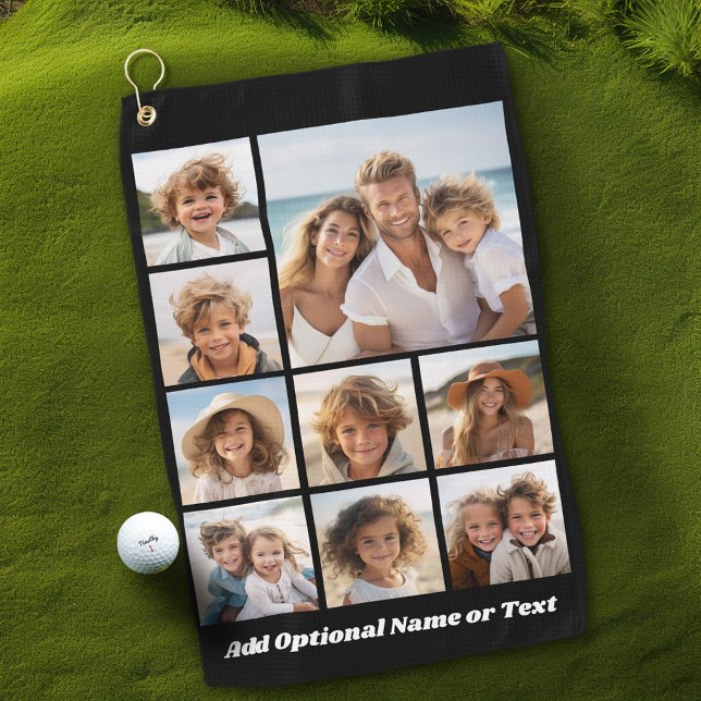 Add Your Own 9 Photos Collage -- Can Edit Black Golf Towel (Personalized Golf Towel with photo collage and text)