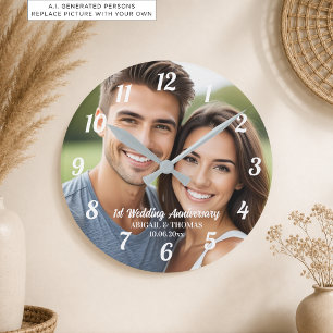 Add Your Own Couple Photo 1st Wedding Anniversary Round Clock