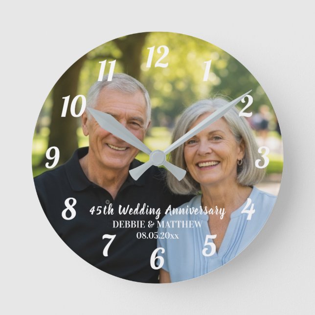 Add Your Own Couple Photo 45th Wedding Anniversary Round Clock (Front)