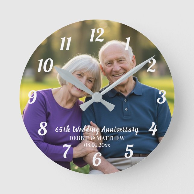 Add Your Own Couple Photo 65th Wedding Anniversary Round Clock (Front)