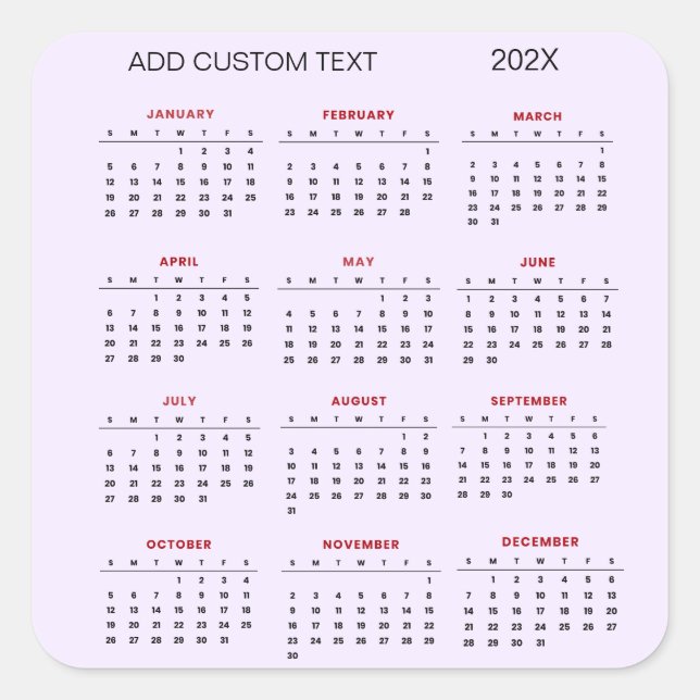 add your own custom text 2026 Calendar  Square Sticker (Front)