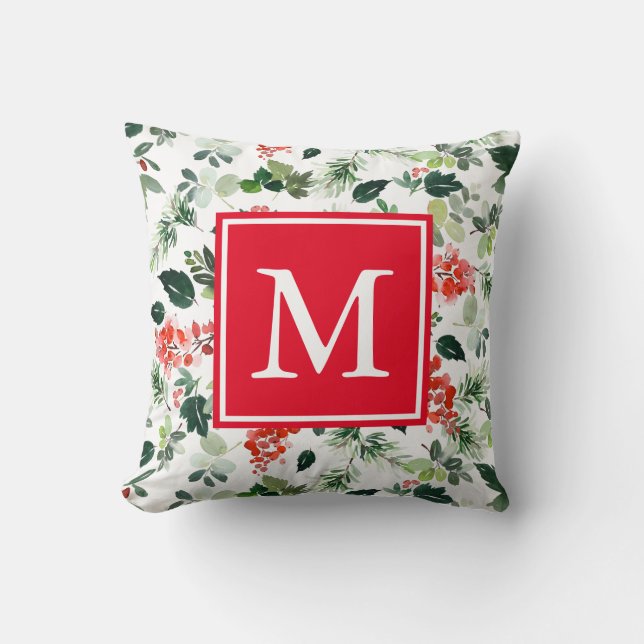 Add Your Own Monogram Holiday Greenery Pattern Cushion (Front)